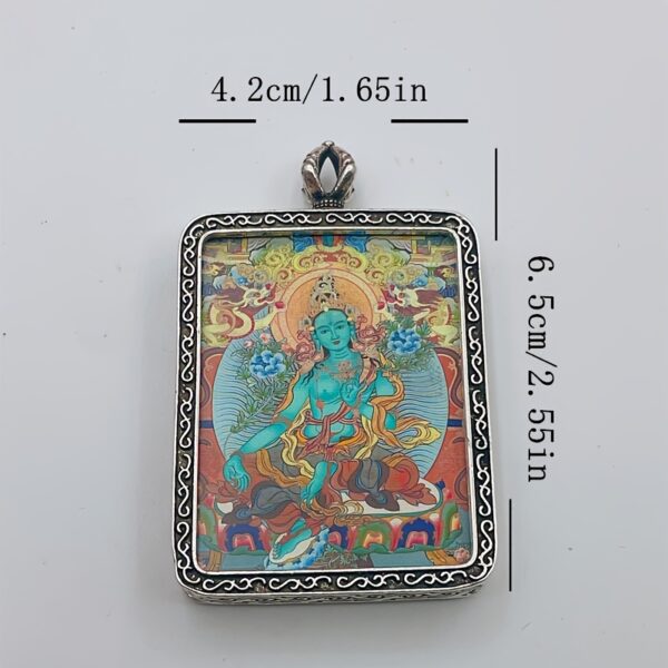 Handcrafted Thangka Art Pendant - Turquoise Color Metal Frame Design