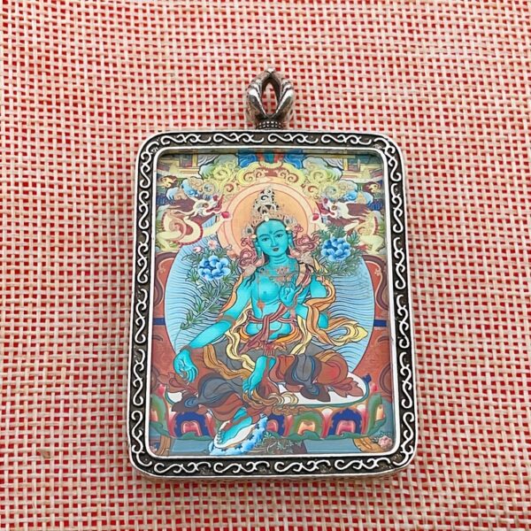 Handcrafted Thangka Art Pendant - Turquoise Color Metal Frame Design - Image 3