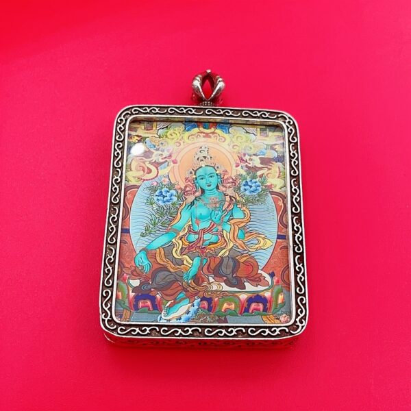 Handcrafted Thangka Art Pendant - Turquoise Color Metal Frame Design - Image 4